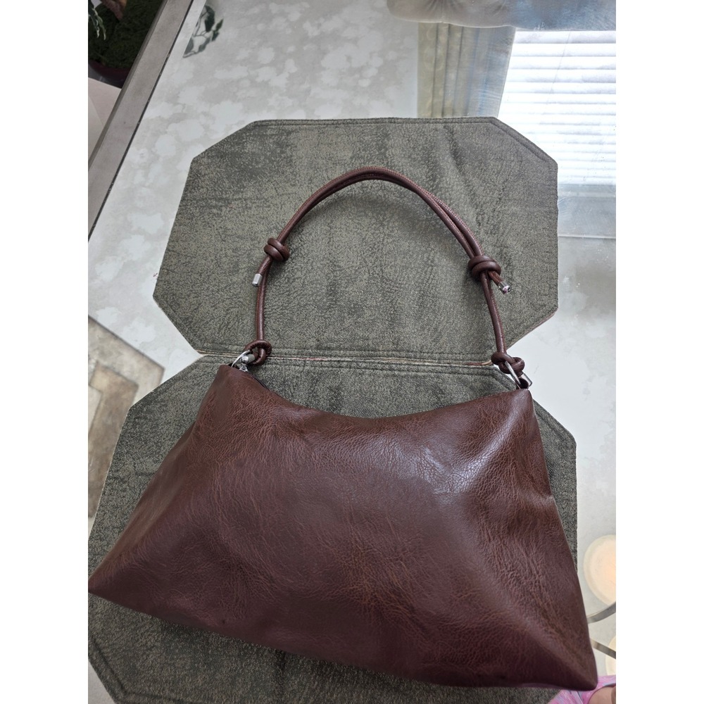 Brown Faux Leather Shoulder Bag Hobo Style Knot Detail Top Zip Closure - Picture 6 of 8